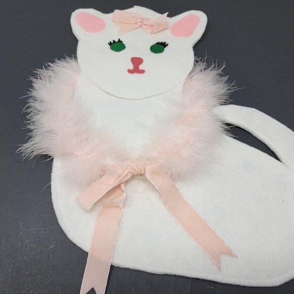 Vintage 1960s Handmade Felt Christmas Stocking Kitten Cat Feathers Pink Ribbon - Picture 7 of 9
